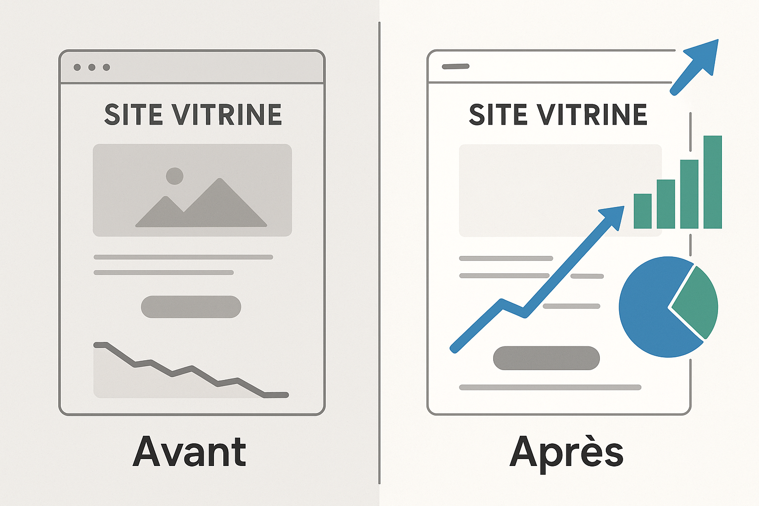 Illustration comparative avant/après montrant l’impact d’une réécriture SEO sur un site vitrine : à gauche, un site terne avec un trafic en baisse ; à droite, le même site optimisé avec un design amélioré, un trafic en hausse et des indicateurs de performance visuelle comme des graphiques et une flèche ascendante.