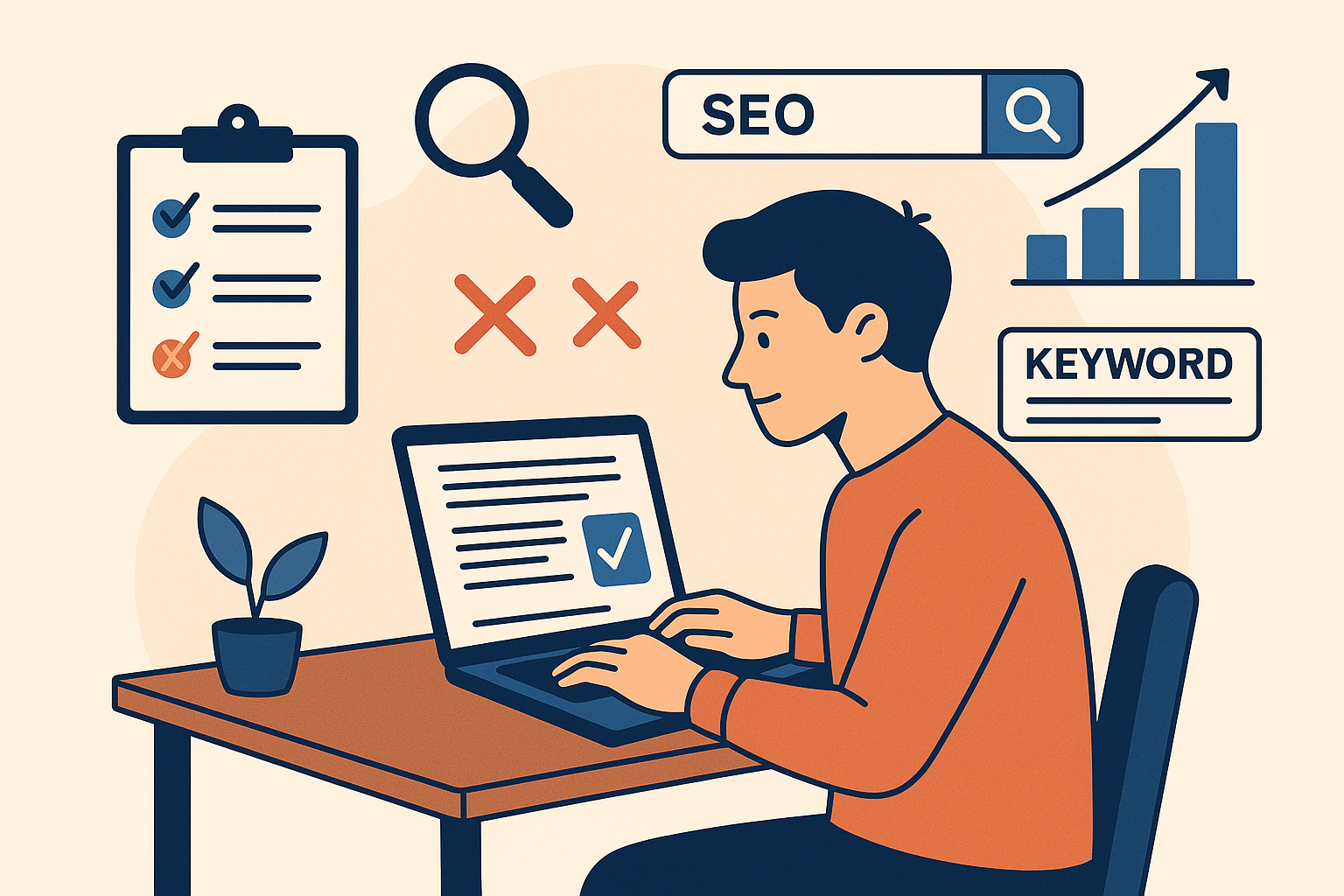 Illustration d’un rédacteur web travaillant sur son ordinateur avec des éléments visuels liés au SEO comme une checklist, une loupe, des mots-clés et un graphique.