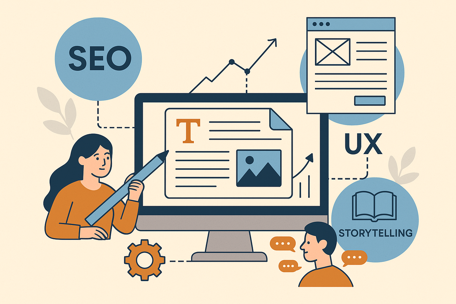 Illustration digitale représentant la rédaction web efficace avec les trois piliers SEO, UX et storytelling autour d’un écran d’ordinateur.