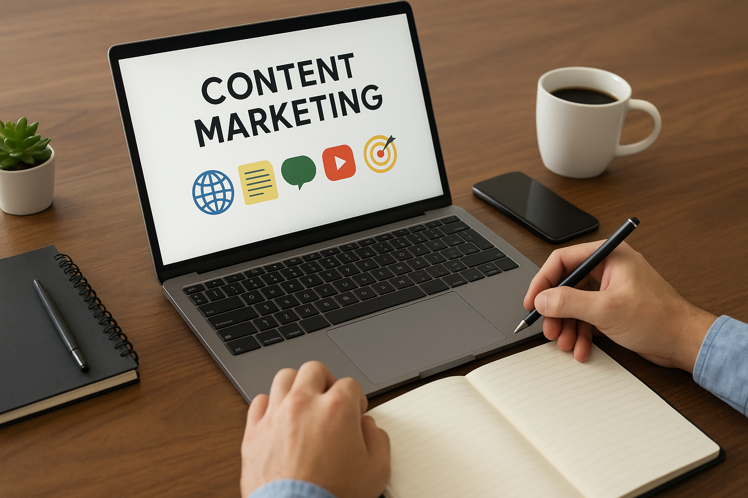 Ordinateur portable affichant "Content Marketing" avec des icônes colorées, un carnet ouvert et une tasse de café sur un bureau.