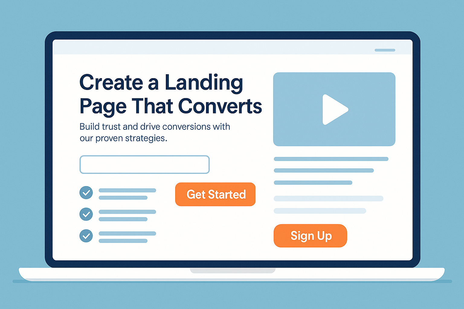 Landing page illustrée sur un écran d’ordinateur, avec un titre accrocheur, un bouton d’appel à l’action et une mise en page moderne en flat design.