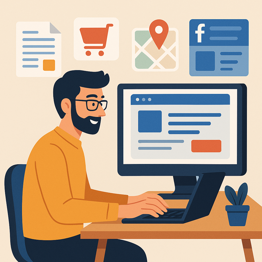 Illustration d’un freelance créant un site internet sur ordinateur, entouré d’icônes représentant une boutique en ligne, Google My Business, un blog et une page Facebook professionnelle.