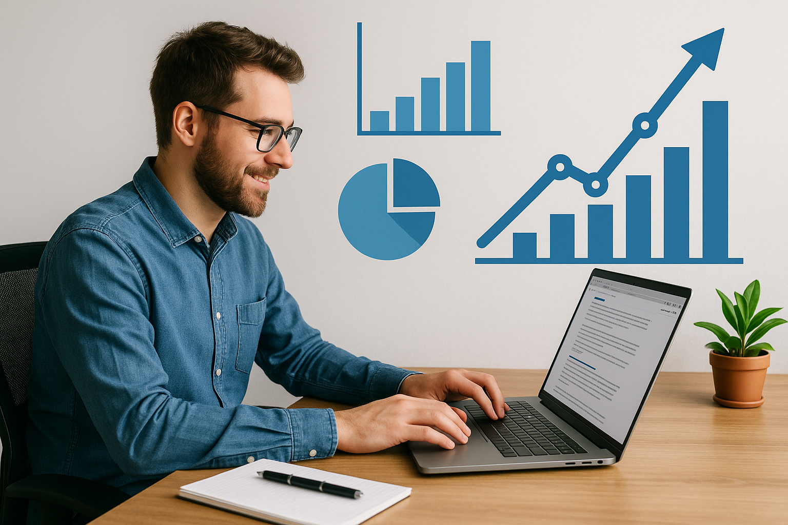 Un freelance travaillant sur son ordinateur, avec des graphiques de croissance et de performance en arrière-plan