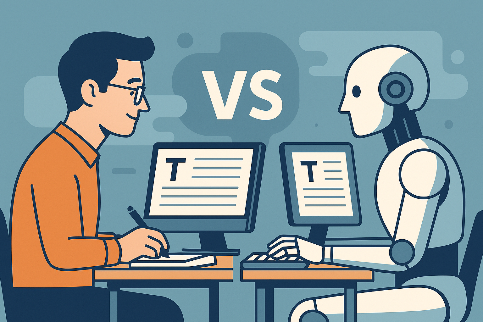 Illustration comparant un rédacteur humain et une intelligence artificielle écrivant chacun sur un ordinateur, avec un "VS" entre les deux.