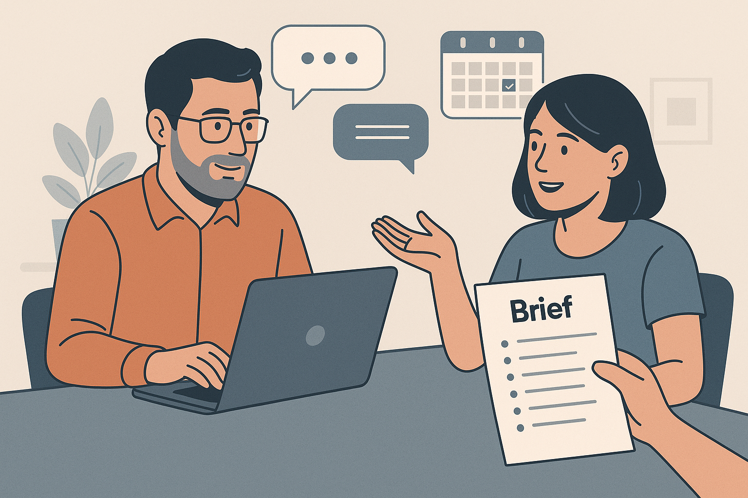 Illustration d’un client et d’un rédacteur web discutant d’un brief, avec un ordinateur portable, un calendrier et des bulles de dialogue en arrière-plan.