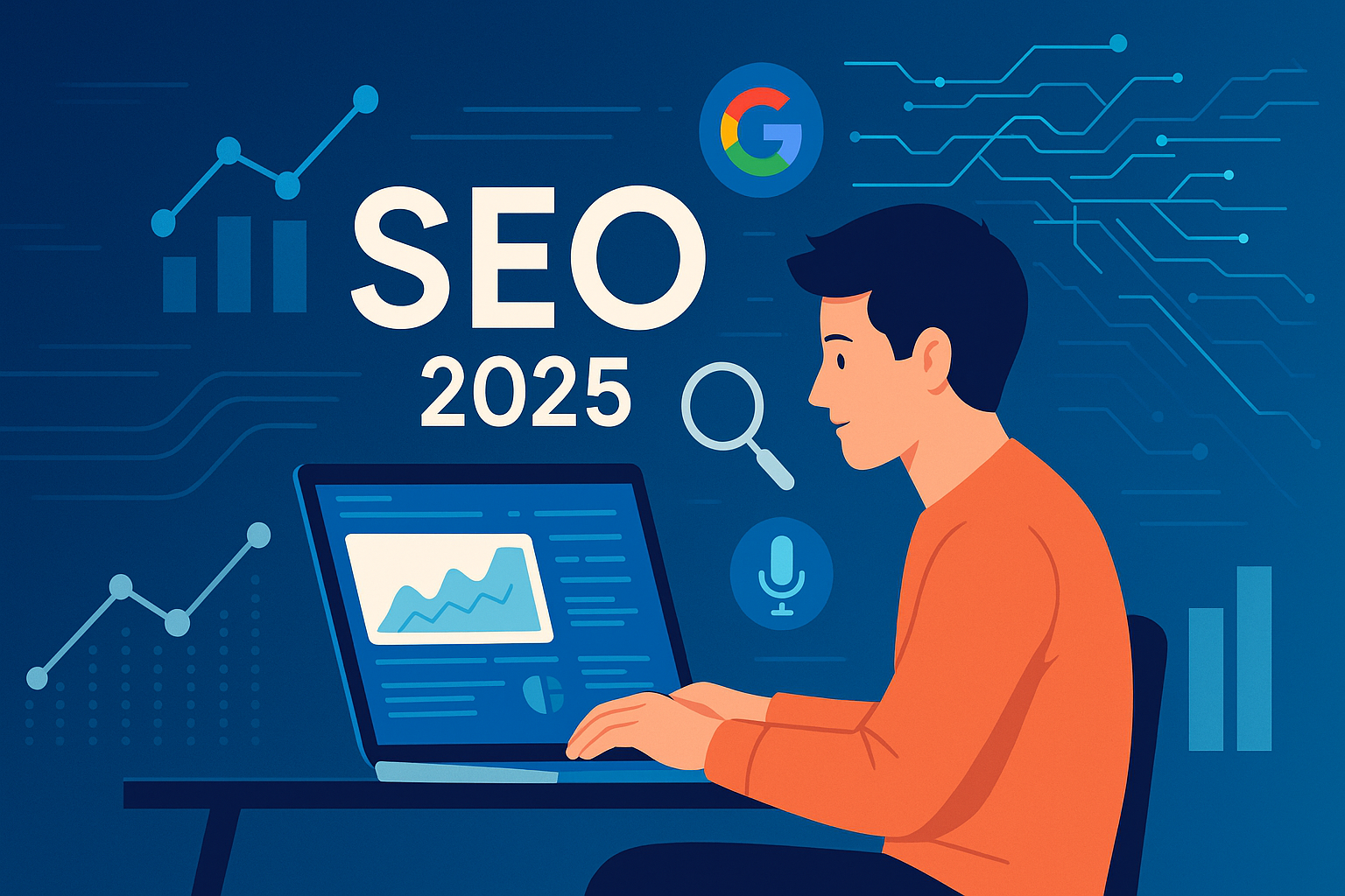 Illustration d’un freelance travaillant sur son ordinateur avec des icônes liées au SEO 2025 (Google, graphique, recherche vocale).