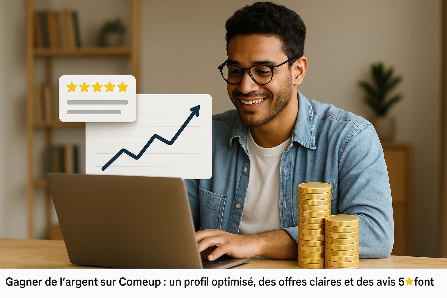 Jeune freelance travaillant sur son ordinateur portable, entouré de pièces de monnaie et d’un graphique en hausse, illustrant la réussite sur Comeup.