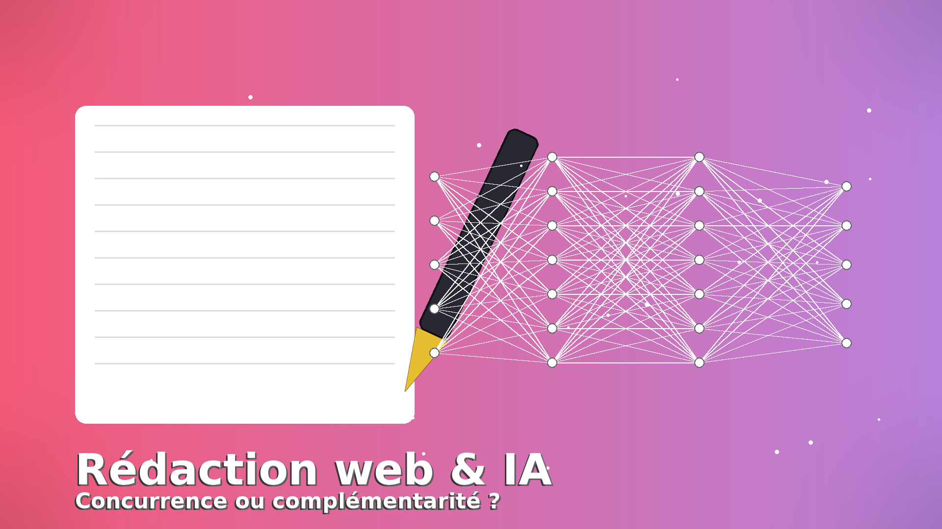 Illustration “Rédaction web & IA” montrant une page et un réseau de neurones, symbolisant la complémentarité entre humains et intelligence artificielle.