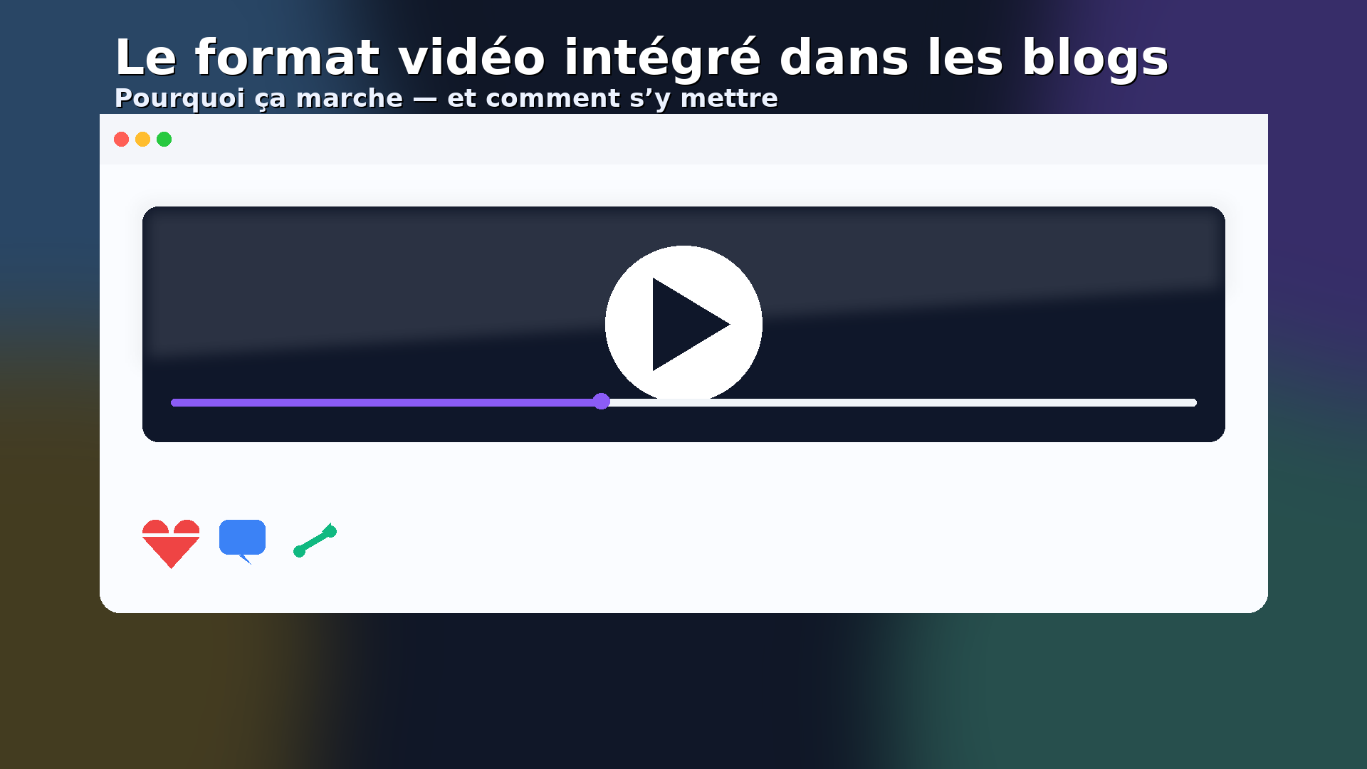 Lecteur vidéo intégré dans une page de blog, bouton « play » au centre, interface moderne en format paysage.