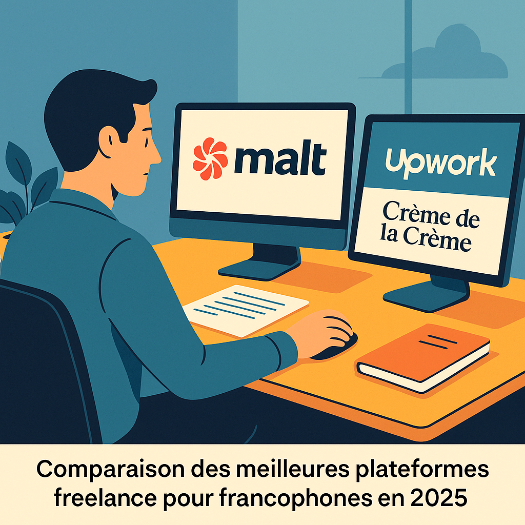 Freelance francophone comparant les plateformes Malt, Upwork et Crème de la Crème pour choisir où vendre ses services en 2025