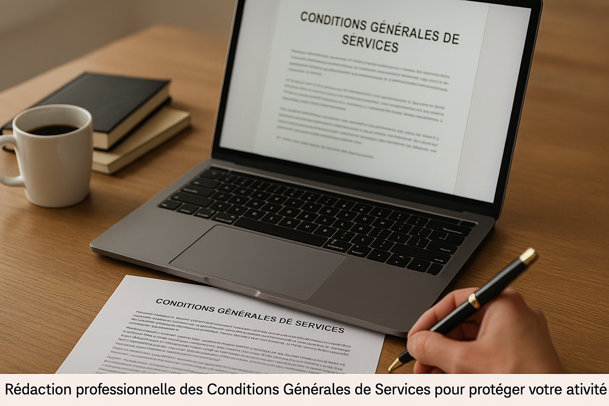Document Conditions Générales de Services affiché sur ordinateur et version papier avec stylo et café