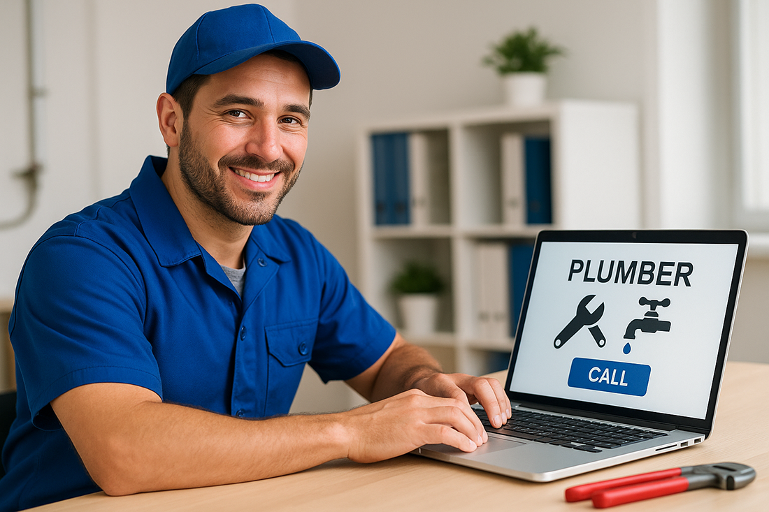 Photographie réaliste d’un plombier professionnel souriant, assis à son bureau, travaillant sur un ordinateur portable affichant un site web dédié à son activité de plomberie.