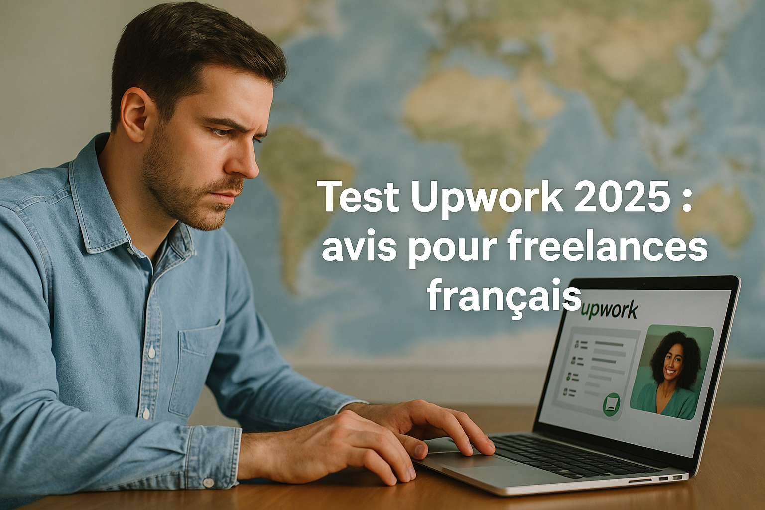 Freelance français utilisant la plateforme Upwork sur son ordinateur portable avec carte du monde en arrière-plan.