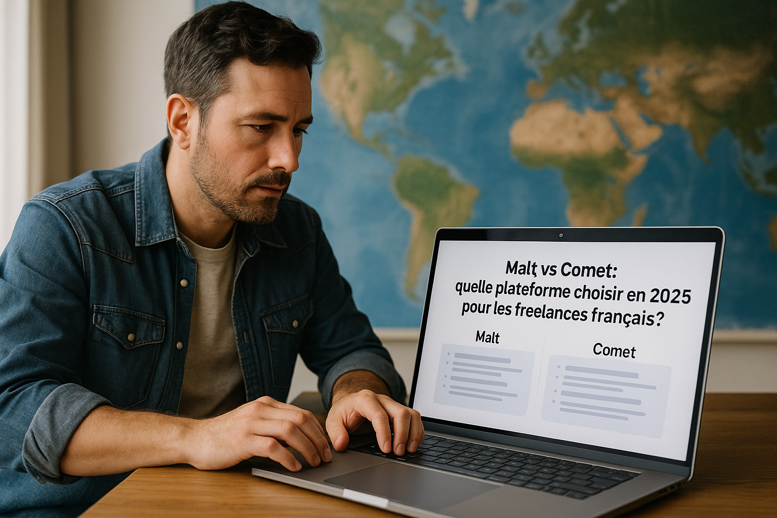 Freelance comparant les plateformes Malt et Comet sur un ordinateur portable en 2025.