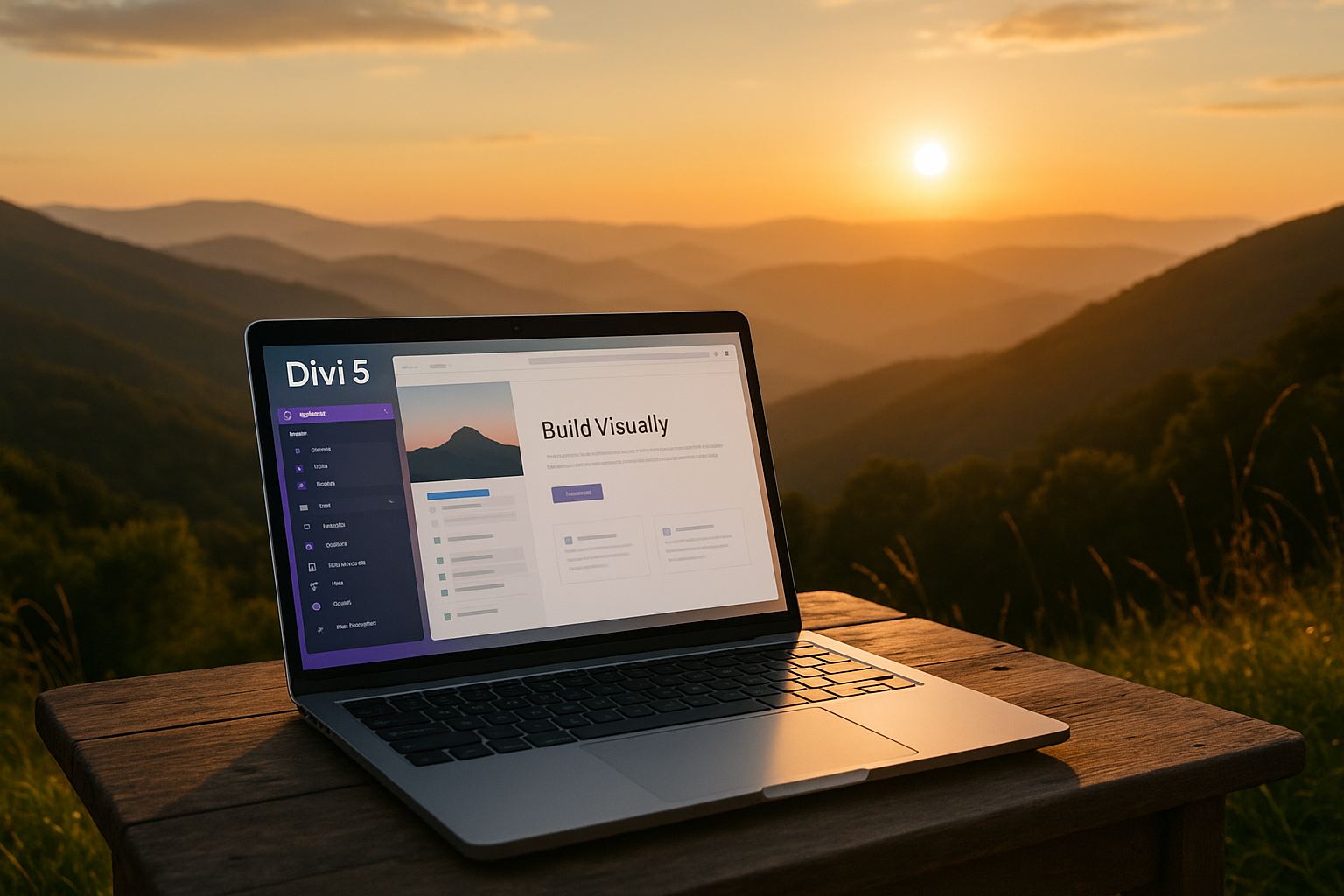 Ordinateur portable affichant l’interface Divi 5 posé sur une table en bois face à un paysage de montagnes au coucher du soleil